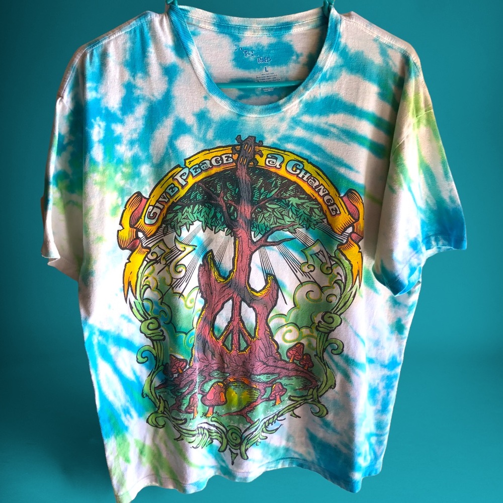 Tie Dye Give Peace a Chance Tshirt. Multicolor Guitar Tree Peace Sign. Large